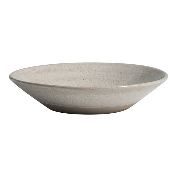 A round, shallow, dove-colored stoneware bowl with a smooth finish.