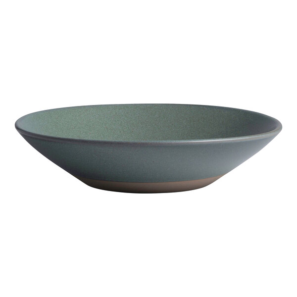 A round teal stoneware bowl with a wide rim and shallow depth.