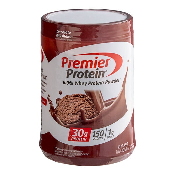 A container of Premier Protein Chocolate Milkshake 100% Whey Protein Powder.