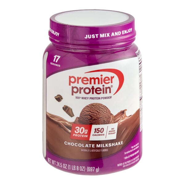 A container of Premier Protein Chocolate Milkshake protein powder, 24.5 oz size.