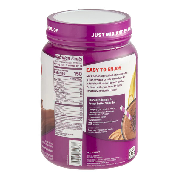 A container of Premier Protein Chocolate Milkshake Protein Powder, 24.5 oz size.