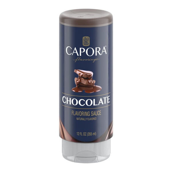 A 12 fl. oz. bottle of Capora chocolate flavoring sauce.