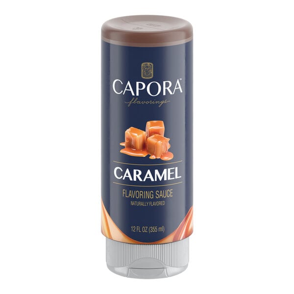 A 12 fl. oz. bottle of Capora Caramel Flavoring Sauce.