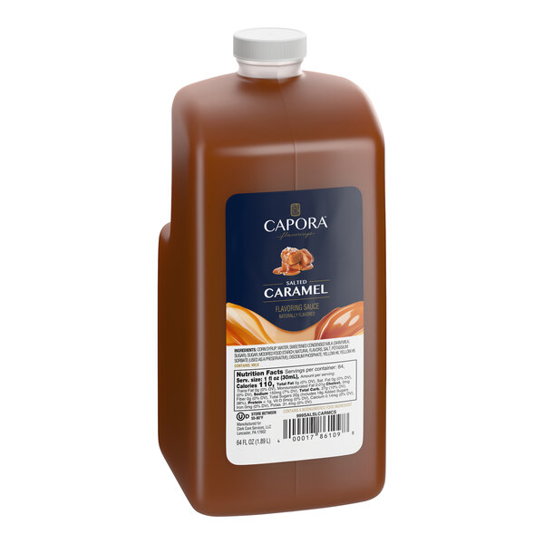 A 64 fl. oz. bottle of Capora Salted Caramel Flavoring Sauce.