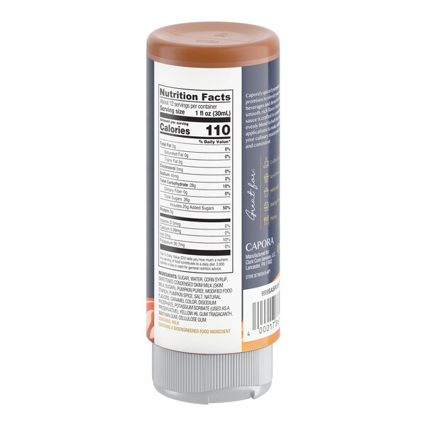 A 12 fl. oz. bottle of Capora Pumpkin Pie Flavoring Sauce.