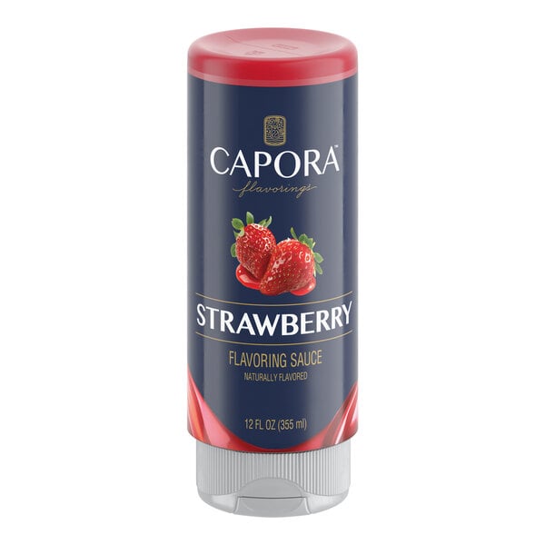 A 12 fl. oz. bottle of Capora Strawberry Flavoring Sauce.