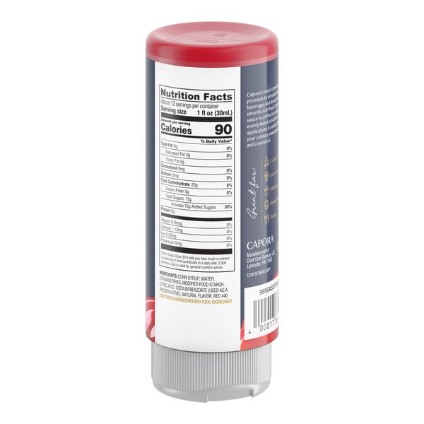 A 12 fl. oz. bottle of Capora Strawberry Flavoring Sauce with a red cap and nutrition facts label.