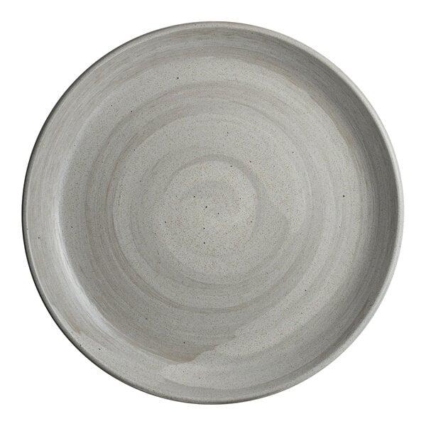 A round, light gray stoneware coupe plate with a subtle swirl pattern.