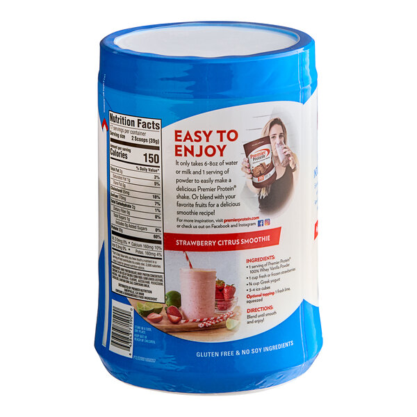 A container of Premier Protein Vanilla Milkshake Protein Powder.