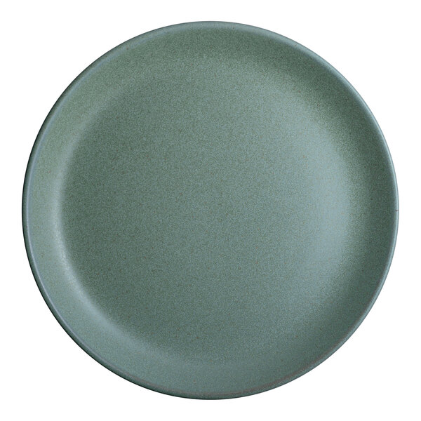 A round teal stoneware coupe plate.
