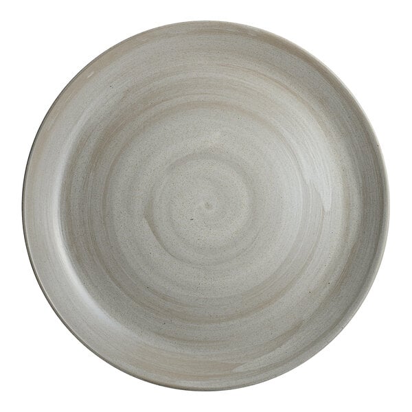 A round, light gray stoneware coupe plate with a subtle swirl pattern.