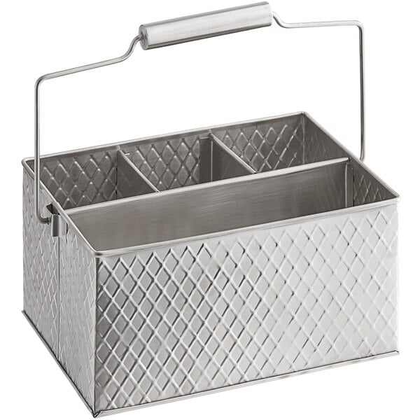 A stainless steel flatware and condiment caddy with a lattice pattern, divided compartments, and a carrying handle.