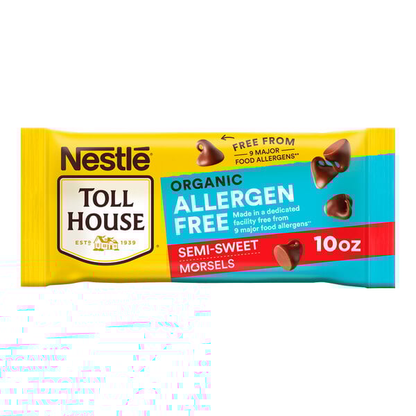 A 10-ounce package of Nestle Toll House Organic Allergen-Free Semi-Sweet Chocolate Morsels.