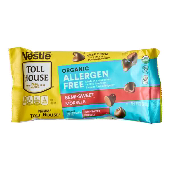 A bag of Nestle Toll House Organic Allergen-Free Semi-Sweet Chocolate Morsels, 10 oz.