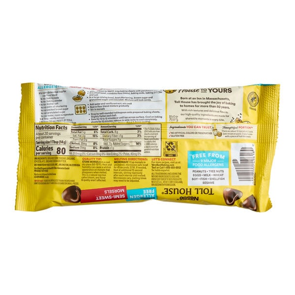 A yellow bag of Nestle Toll House Organic Allergen-Free Semi-Sweet Chocolate Morsels.