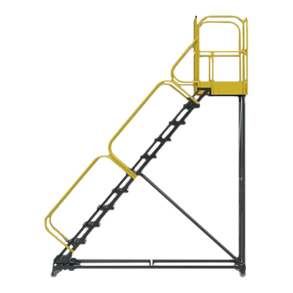An extra heavy-duty rolling safety ladder with eleven steps, yellow handrails, and a top platform, designed for industrial use.