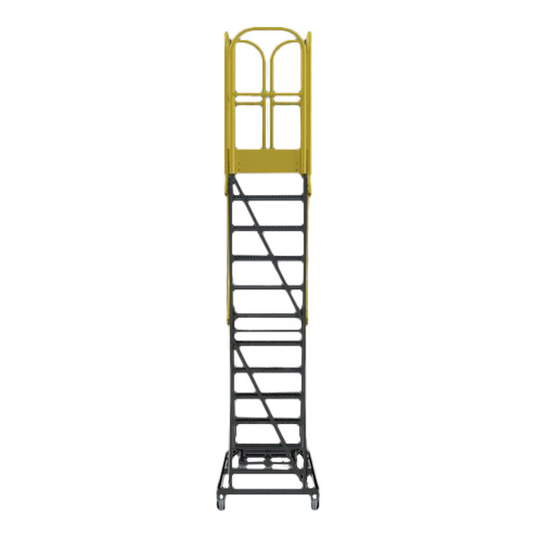 An 11-step extra heavy-duty rolling safety ladder with a yellow safety cage and serrated tread steps.