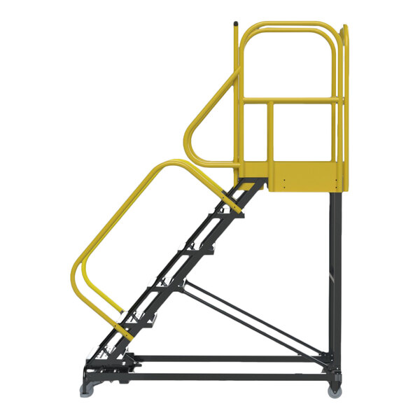 A heavy-duty rolling safety ladder with six steps, yellow handrails, and a perforated tread platform.