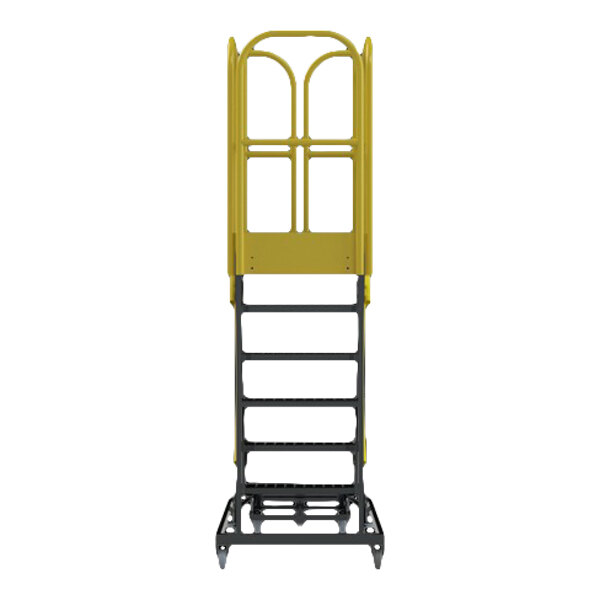 A heavy-duty 6-step rolling safety ladder with a yellow guardrail and perforated tread, designed for industrial use.