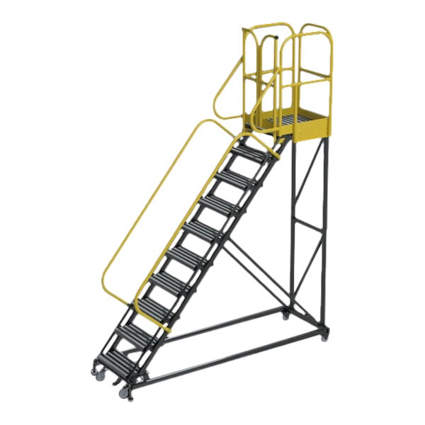 A 10-step extra heavy-duty rolling safety ladder with serrated tread and handrails, designed for industrial use.
