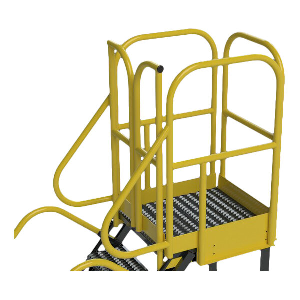 A yellow extra heavy-duty rolling safety ladder with serrated tread and handrails.