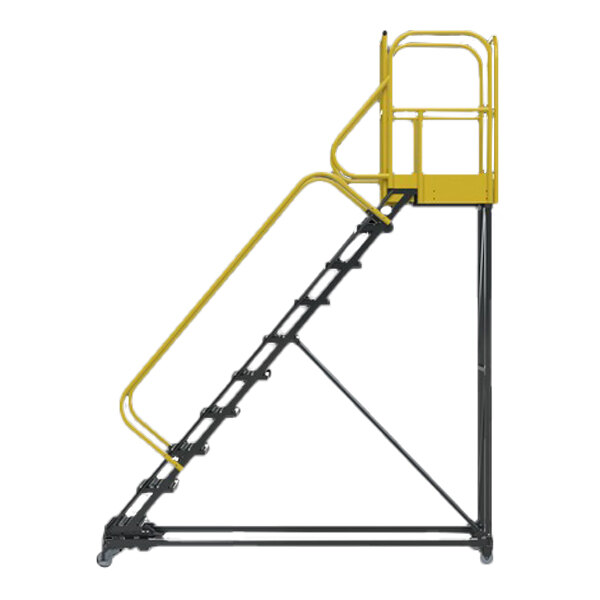 A heavy-duty rolling safety ladder with ten steps, serrated tread, and safety rails, designed for industrial use.