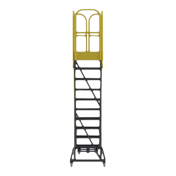 A 10-step extra heavy-duty rolling safety ladder with a yellow safety rail and serrated tread.