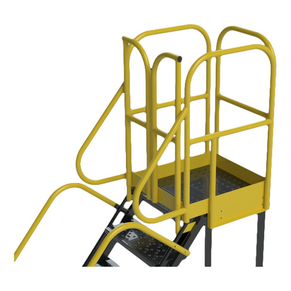 A yellow and black extra heavy-duty rolling safety ladder with serrated tread and safety rails.