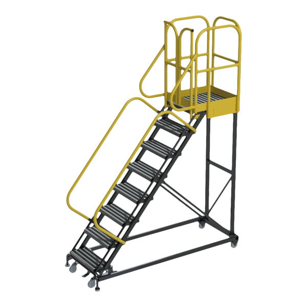 An extra heavy-duty rolling safety ladder with eight serrated steps, yellow handrails, and a platform, designed for industrial use.