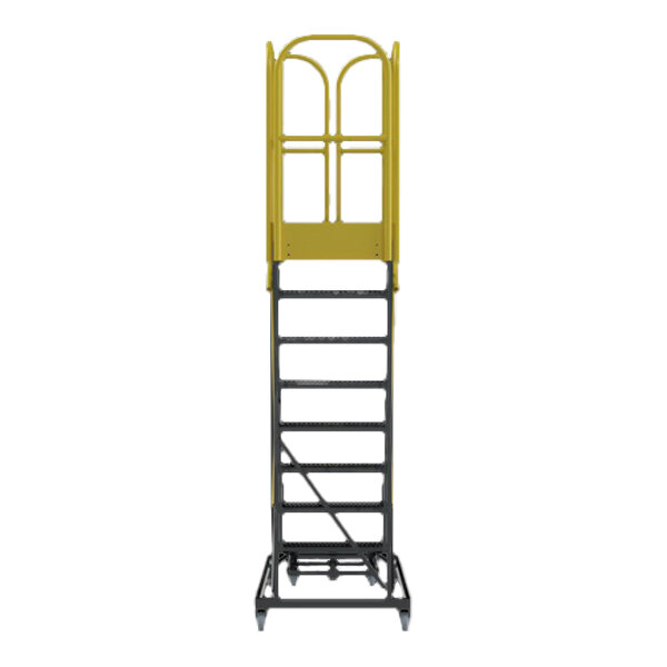 An extra heavy-duty rolling safety ladder with eight serrated steps and a yellow safety guardrail.