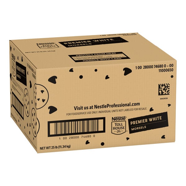 A large cardboard box of Nestle Toll House Premier White Morsels weighing 25 pounds.