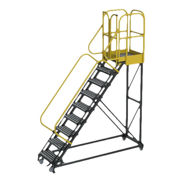 A nine-step extra heavy-duty rolling safety ladder with serrated tread and safety rails.