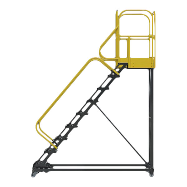 A heavy-duty rolling safety ladder with nine serrated steps, yellow handrails, and a top platform.