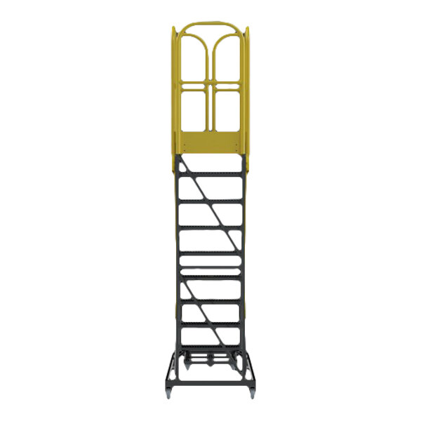 A 9-step extra heavy-duty rolling safety ladder with a yellow guardrail and serrated tread.