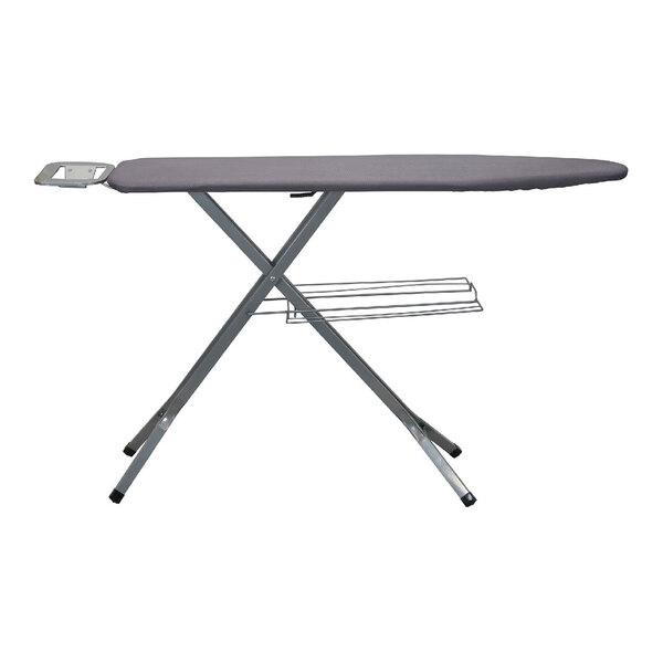An ironing board with a silver mesh steel top, cotton cover, and an attached iron rest.