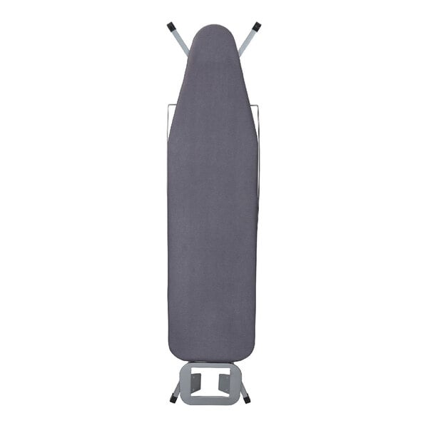 An ironing board with a silver mesh steel top, a gray cotton cover, and an attached iron rest.