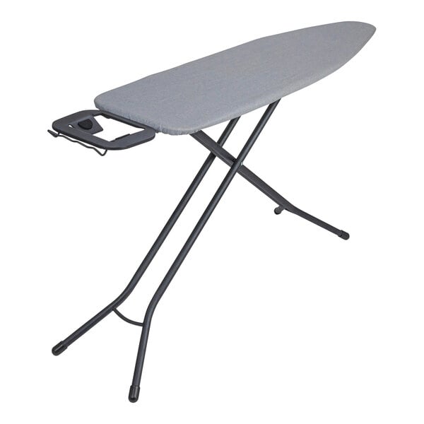 A black steel ironing board with a grey cotton cover and an attached iron rest.