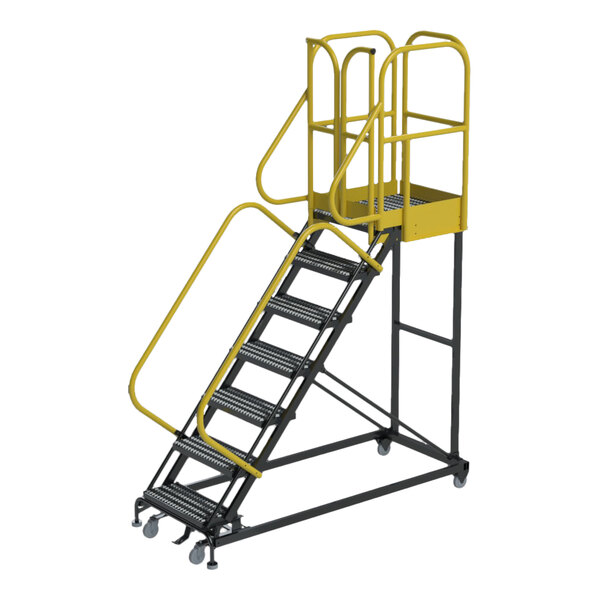 A 7-step extra heavy-duty rolling safety ladder with serrated tread and yellow handrails.