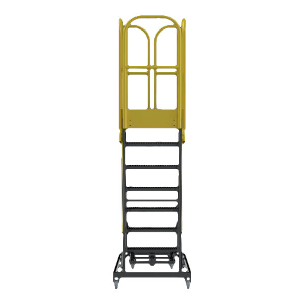A seven-step extra heavy-duty rolling safety ladder with a yellow safety rail and serrated tread steps.