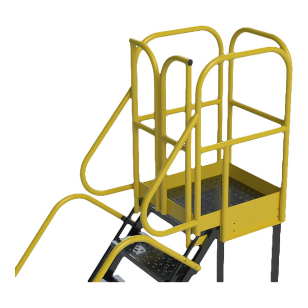 A yellow extra heavy-duty rolling safety ladder with seven steps, perforated tread, and safety rails.