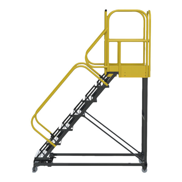 A heavy-duty 7-step rolling safety ladder with yellow handrails and a perforated tread platform.