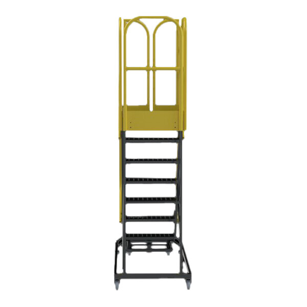 A 7-step extra heavy-duty rolling safety ladder with a yellow guardrail and perforated tread.