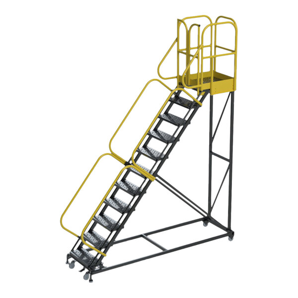 A heavy-duty 11-step rolling safety ladder with yellow handrails and a perforated tread platform.