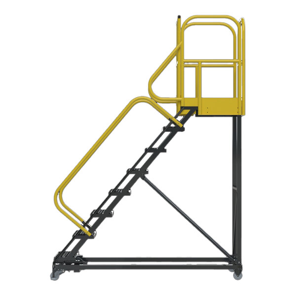 An extra heavy-duty rolling safety ladder with eight steps, yellow handrails, and a perforated tread platform.
