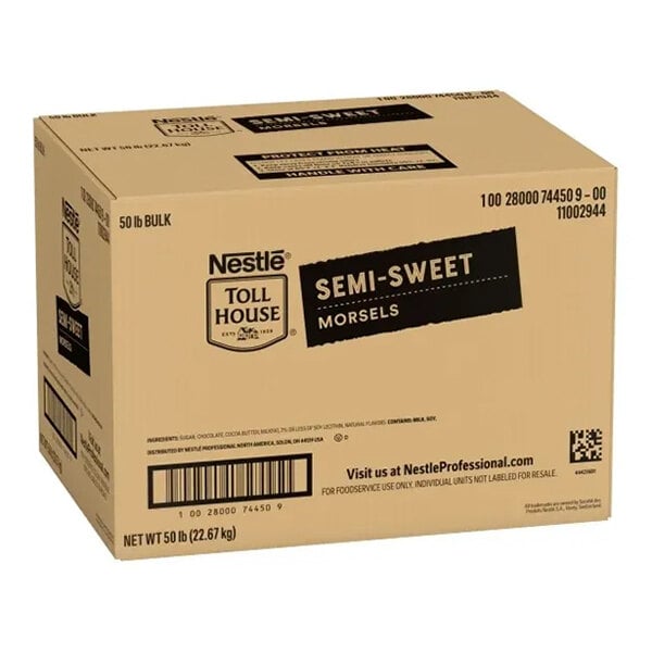 A bulk 50 lb box of Nestle Toll House Semi-Sweet Chocolate Morsels.