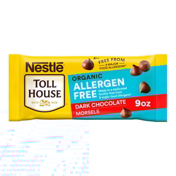 A 9-ounce package of Nestle Toll House Organic Allergen-Free Dark Chocolate Morsels.