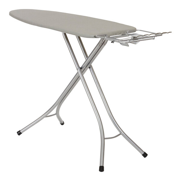 A silver steel ironing board with a cotton cover and an attached iron rest.