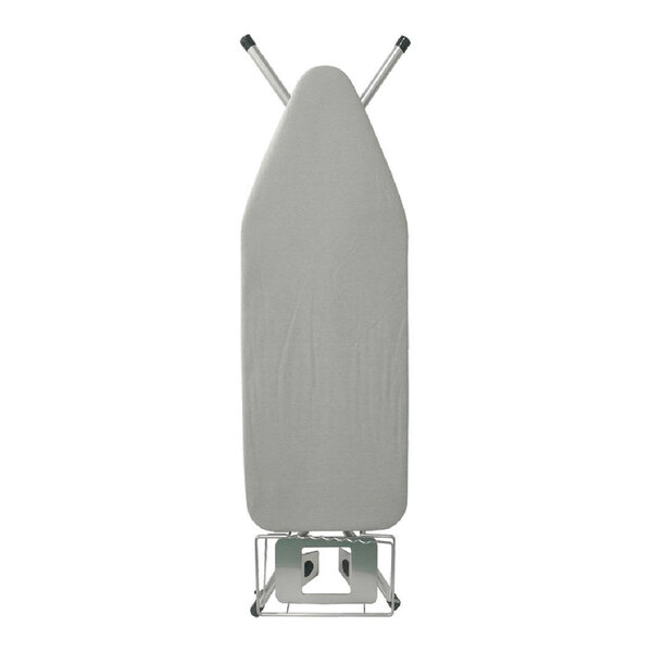 An ironing board with a silver steel top, a cotton cover, and an iron rest.