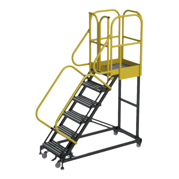 A six-step extra heavy-duty rolling safety ladder with yellow handrails and a serrated tread platform.