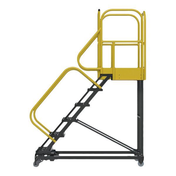 A six-step extra heavy-duty rolling safety ladder with yellow handrails and a serrated tread platform.